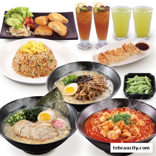 A spread of Japanese dishes including ramen, fried rice, gyoza, and drinks.