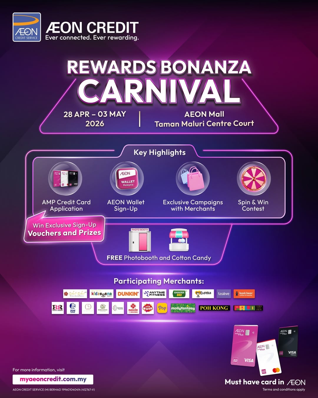 Promotional poster for the AEON Mall Taman Maluri Rewards Bonanza Carnival 2026