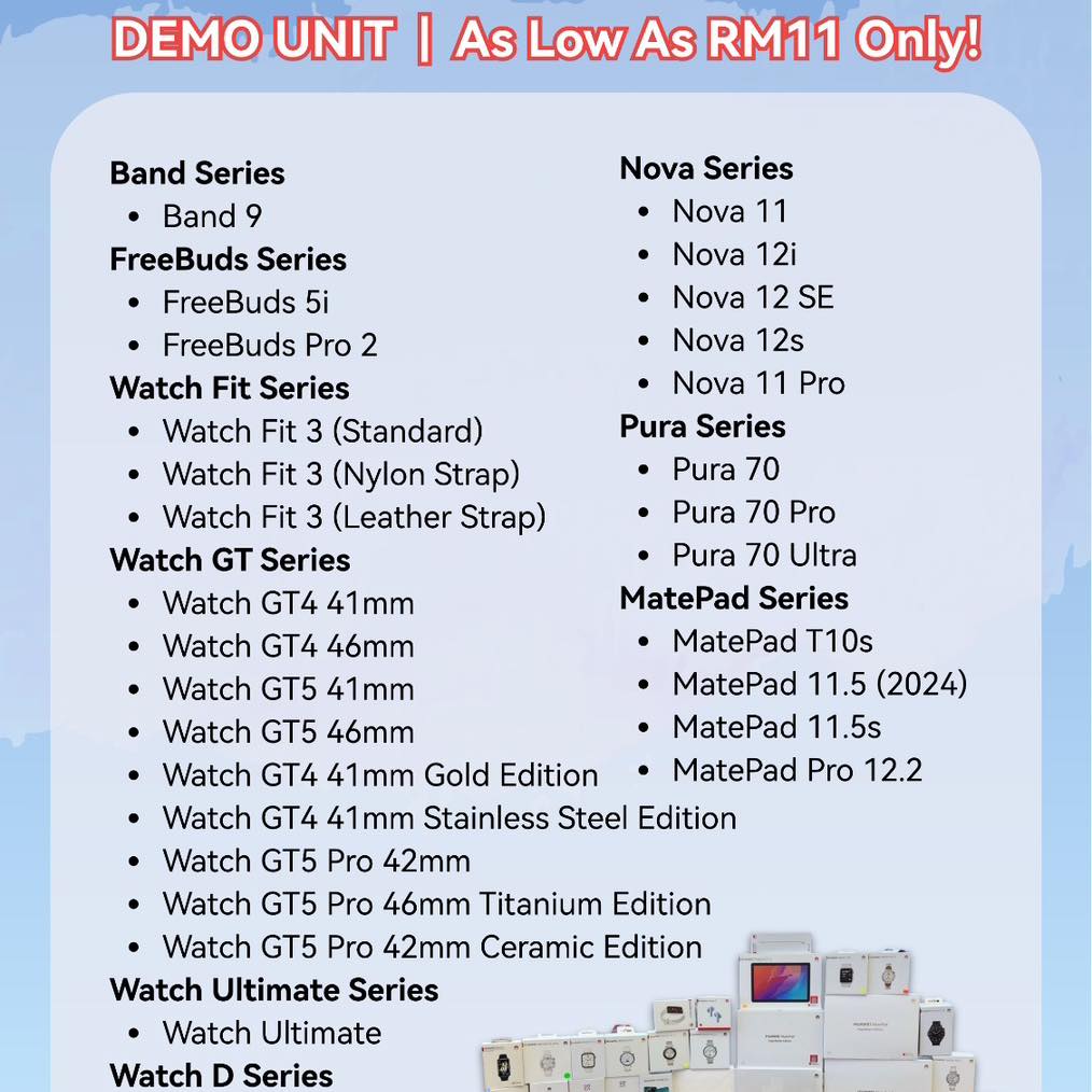 A display of various HUAWEI devices, including smartphones, tablets, and smartwatches, available at the demo clearance event