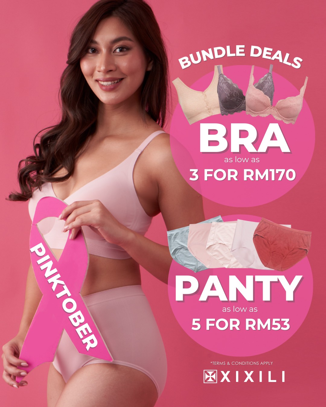 A pink ribbon, symbolizing breast cancer awareness, alongside shopping bags and promotional offers.