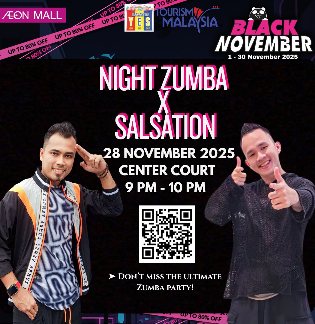 A wide shot of AEON Mall Tebrau City decorated for Black Friday sales