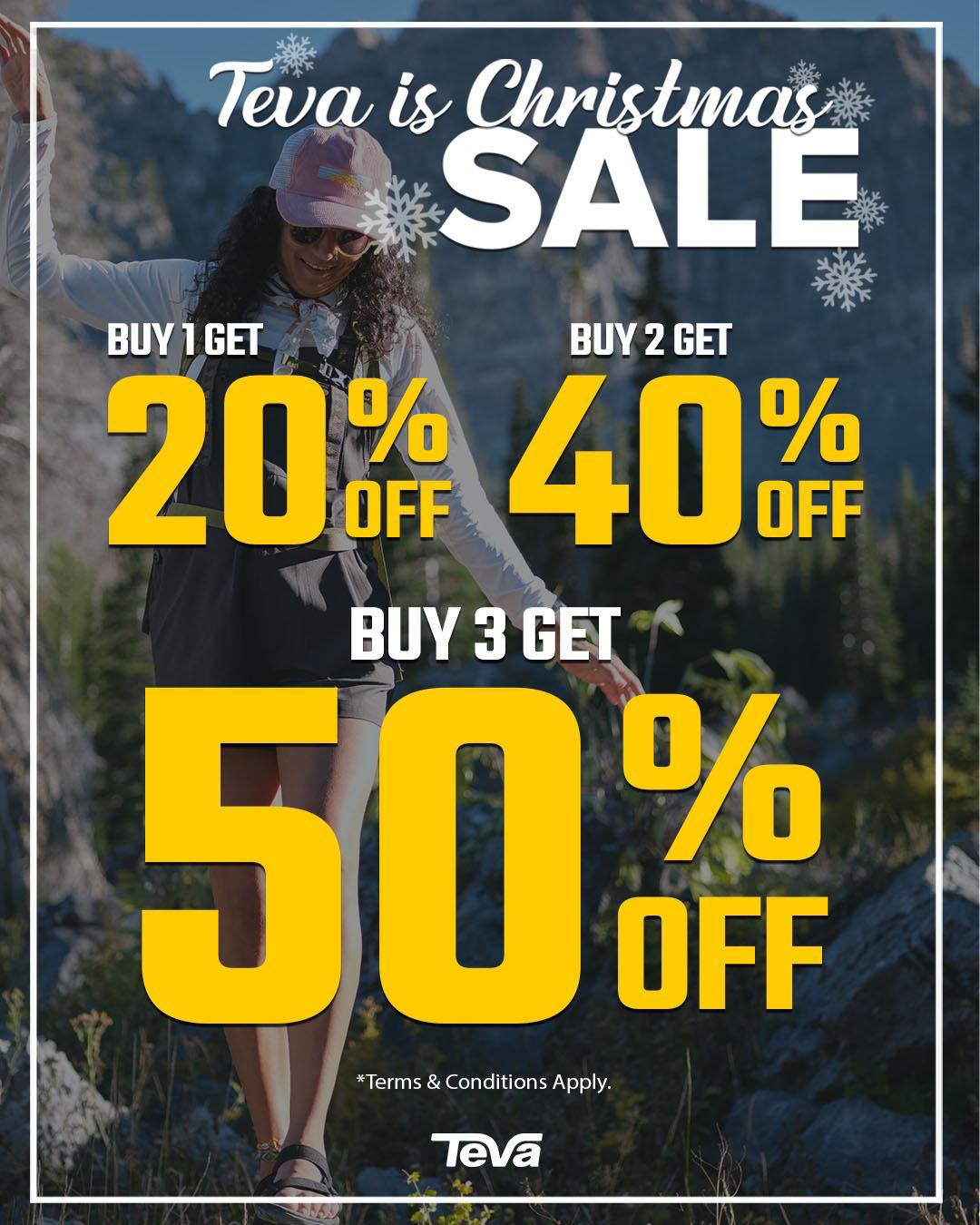 A collection of Teva sandals and outdoor gear, likely from a store display, during a festive sale event.