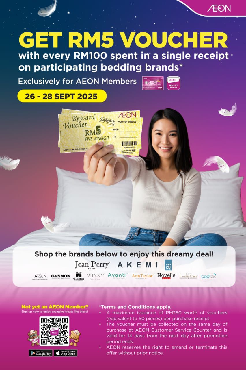 Promotional banner for bedding voucher at AEON Tebrau City