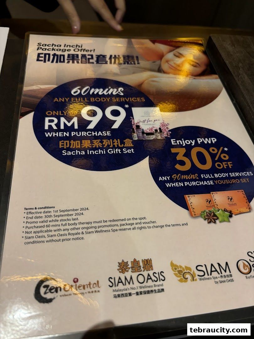 A promotional flyer for Siam Oasis offering a 60-minute full body service for RM99.