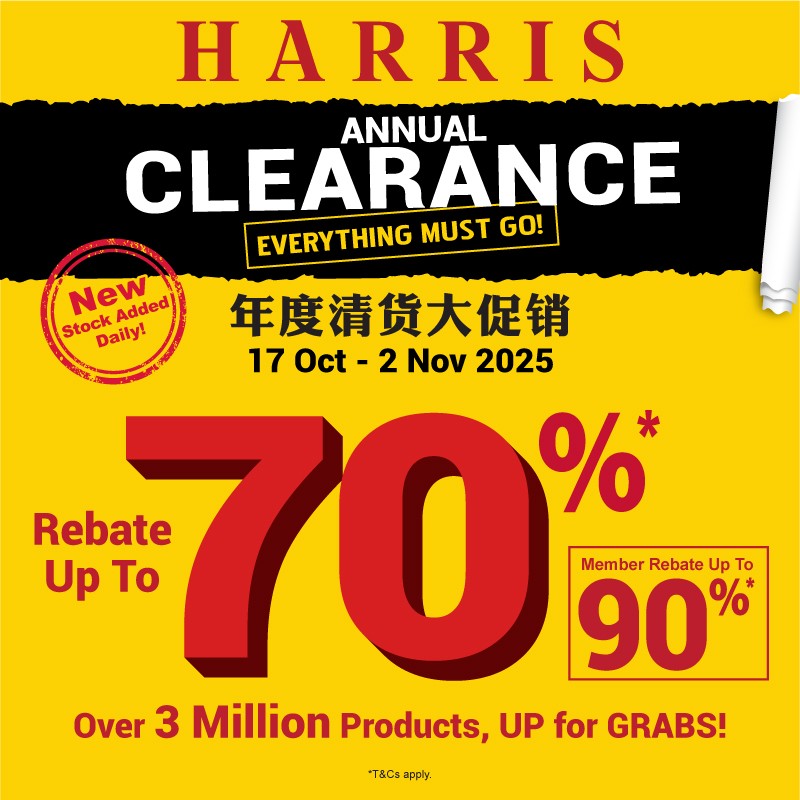 Promotional image for the HARRIS Annual Clearance event showcasing various products and discounts