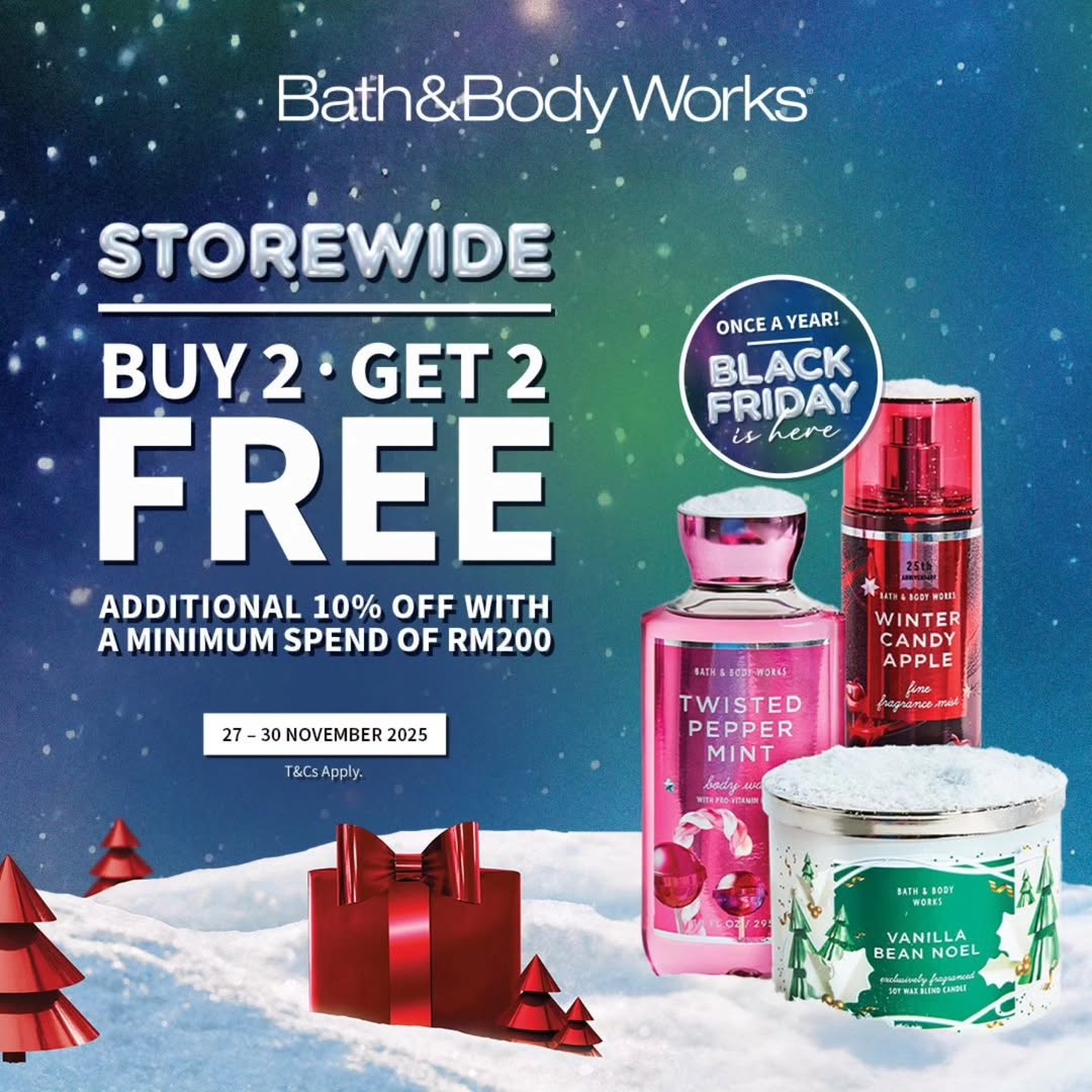 A vibrant display of Bath & Body Works lotions, candles, and body care products, hinting at a special offer.