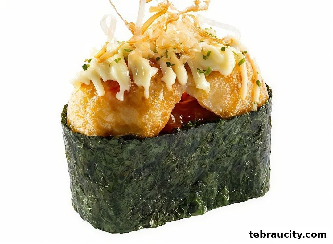 A close-up of a delicious sushi roll topped with mayonnaise and bonito flakes.