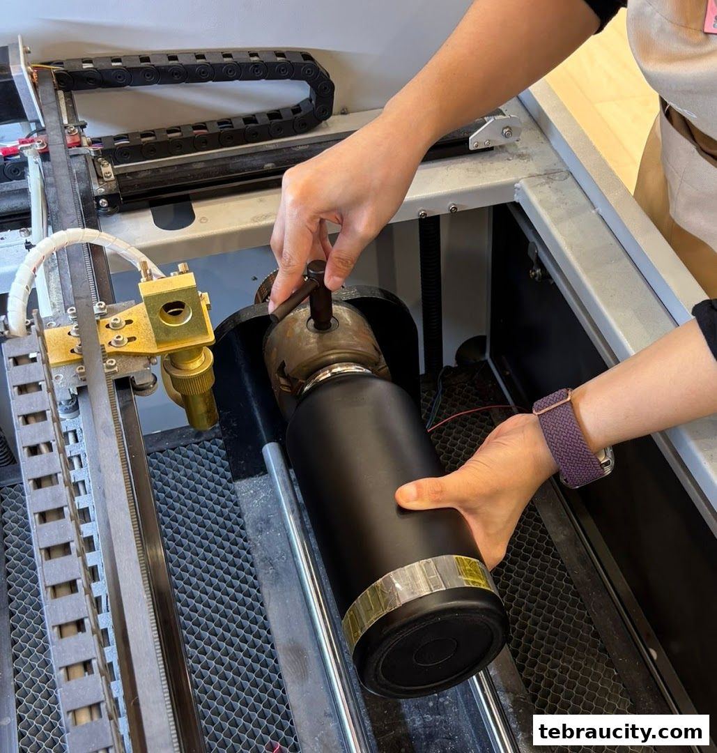Hands operating a laser engraving machine on a black water bottle.