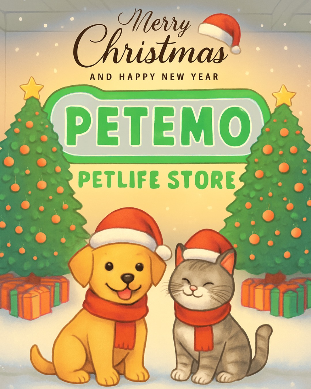 A fluffy cat sitting by a Christmas tree with presents, looking cozy and festive.