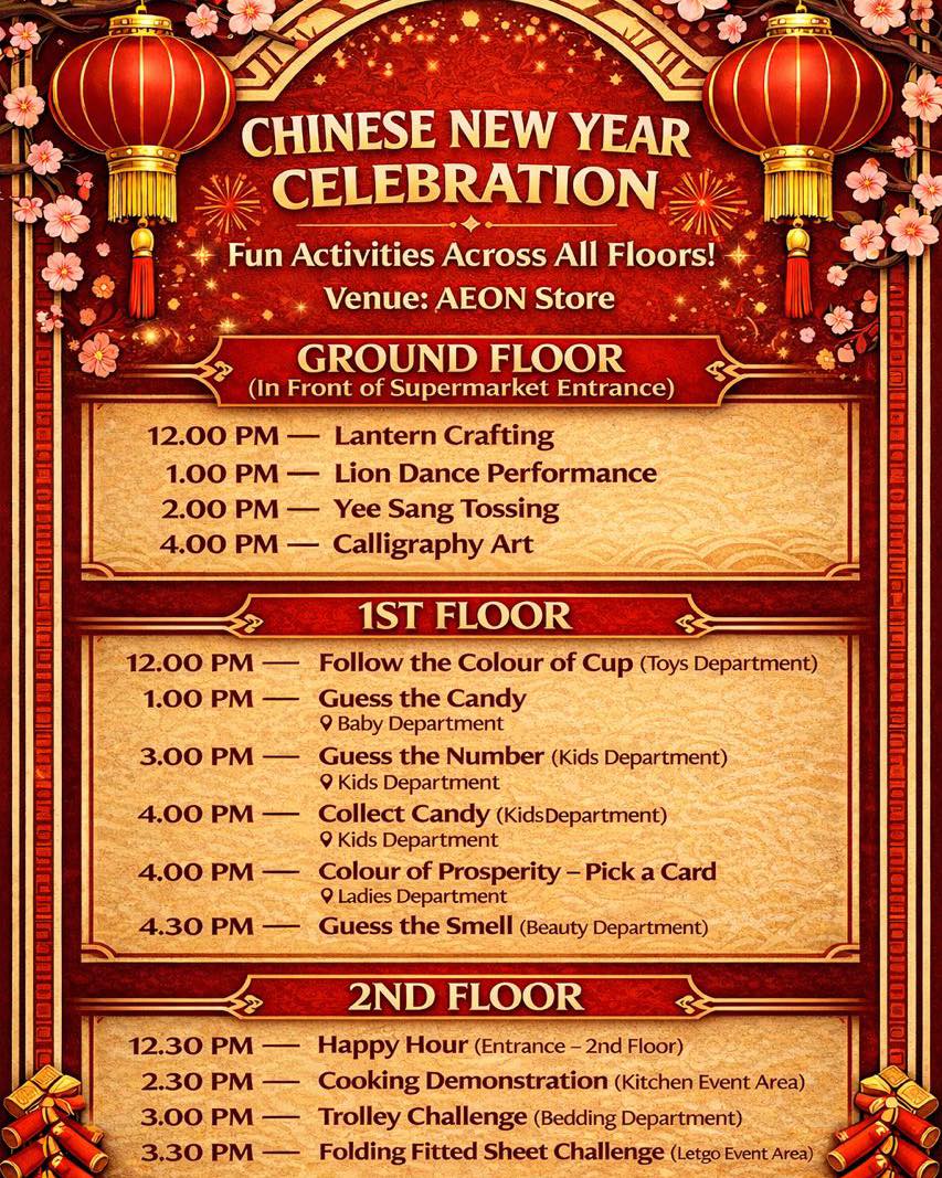 Traditional Chinese New Year festivities including lion dance and cultural decorations