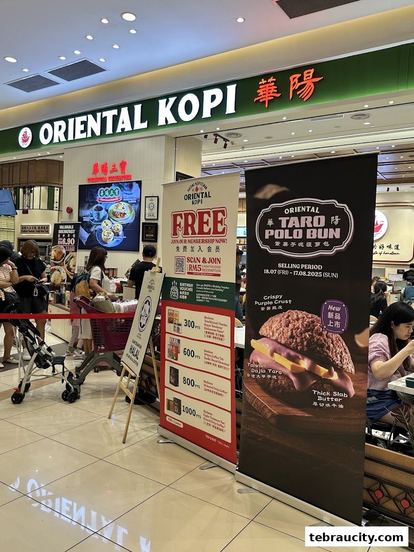 The Oriental Kopi shop front with promotional banners for membership and a Taro Polo Bun.