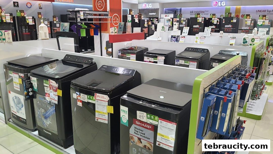 A display of various washing machines and LG refrigerators in a retail store.