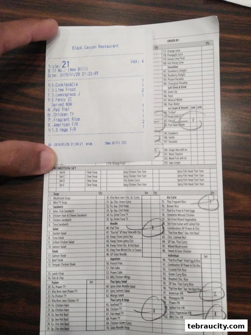 A receipt from Black Canyon Restaurant showing a list of ordered food and drinks.