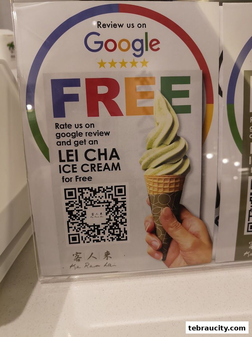 A sign offering free Lei Cha ice cream for a Google review.