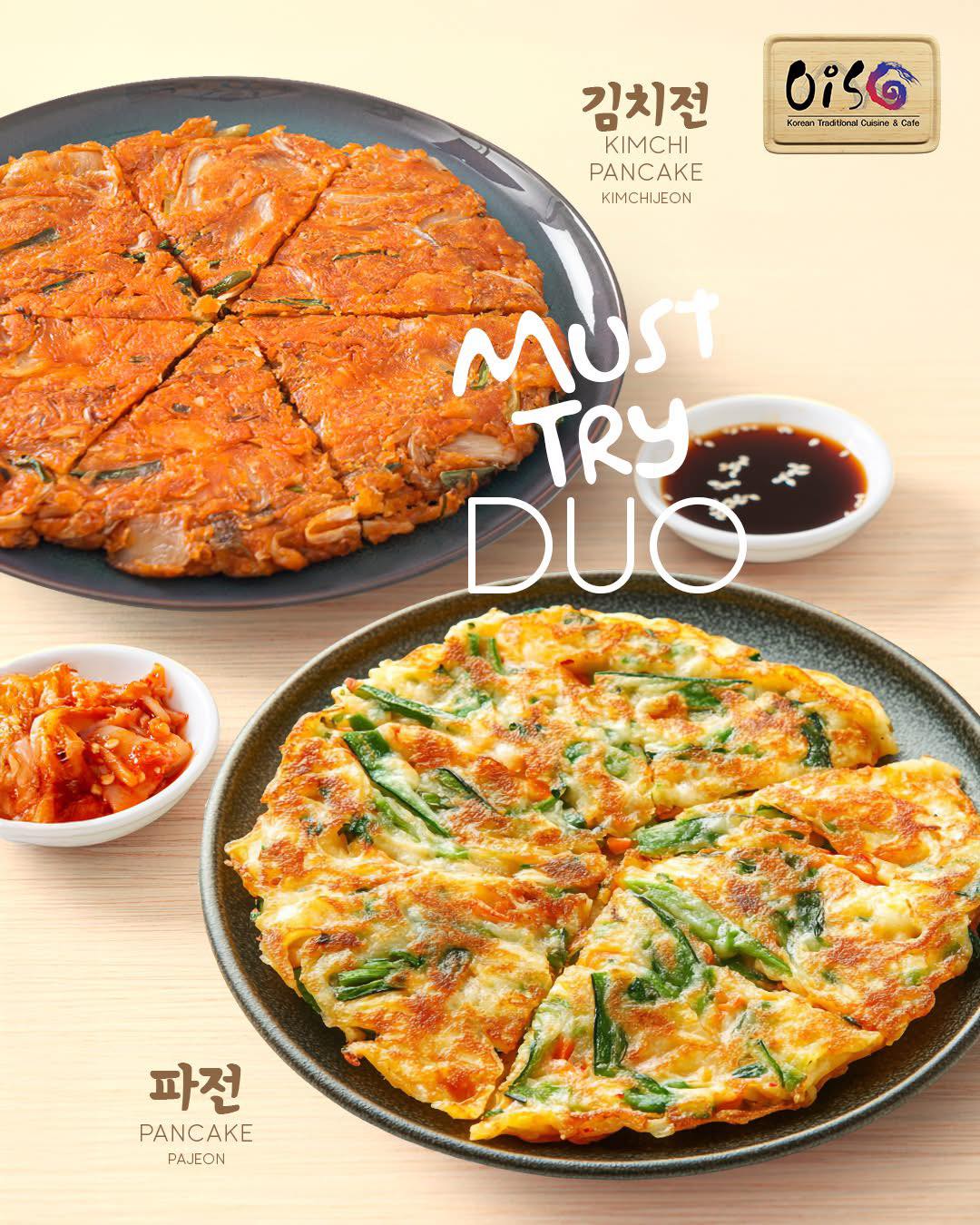 A plate featuring OISO's signature crispy Kimchi Pancake and Pajeon.