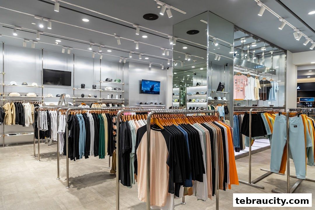 Interior view of a clothing store with racks of apparel and shelves displaying accessories.