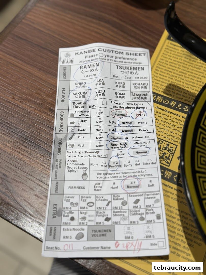 A custom ramen order sheet with various flavor, soup base, topping, and extra options.