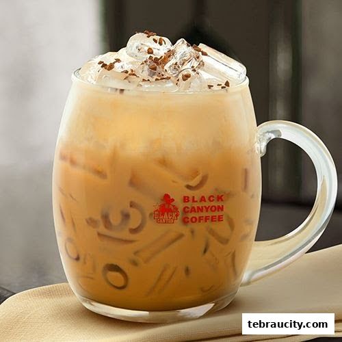A refreshing iced coffee with cream and chocolate shavings in a glass mug.