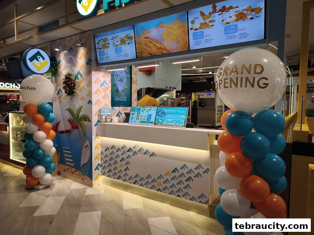 Fish & Fish shop with grand opening balloons and menu displays.