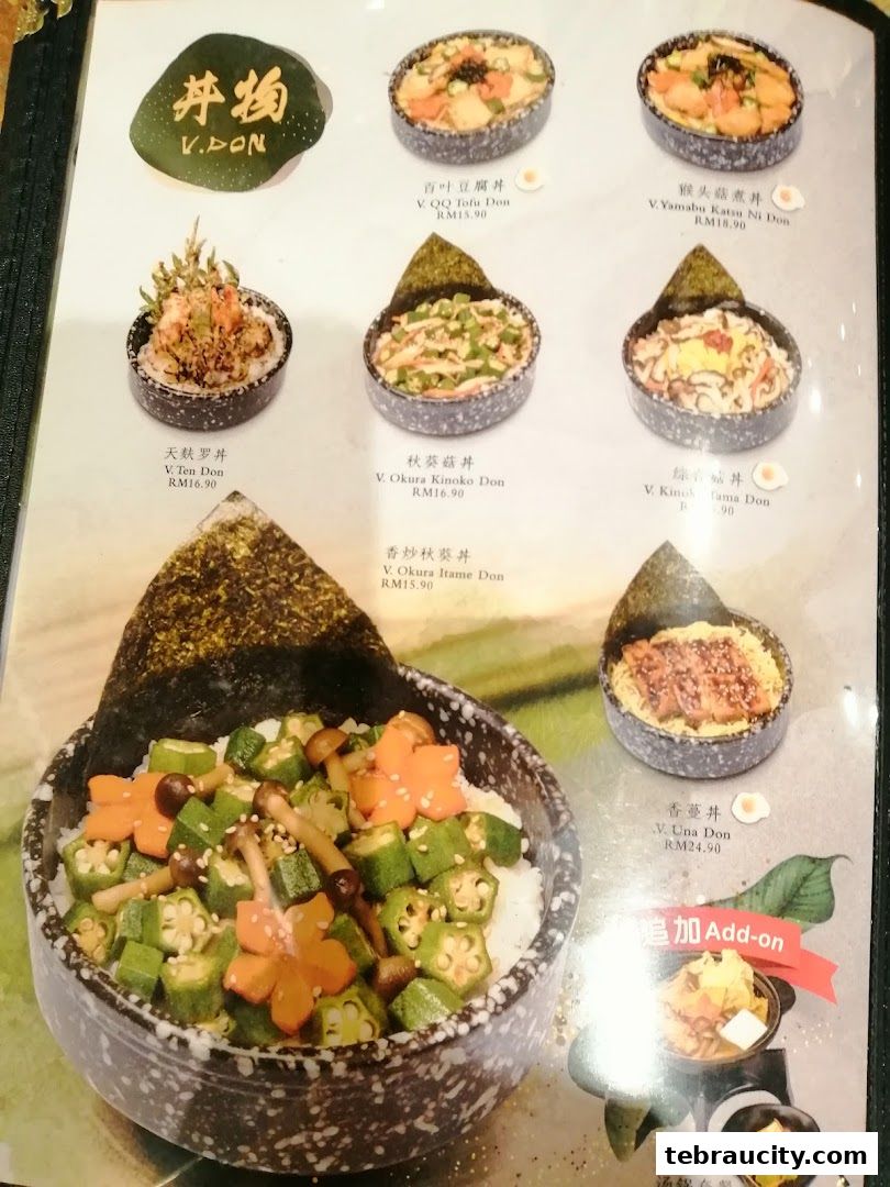 A menu page from Kinsahi Japanese Restaurant featuring various donburi dishes with images and prices.