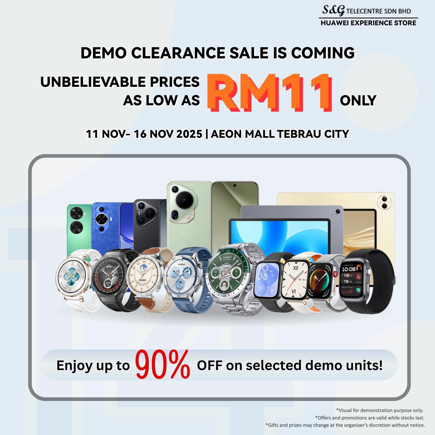 Promotional banner for HUAWEI Demo Clearance Sale at AEON Mall Tebrau City