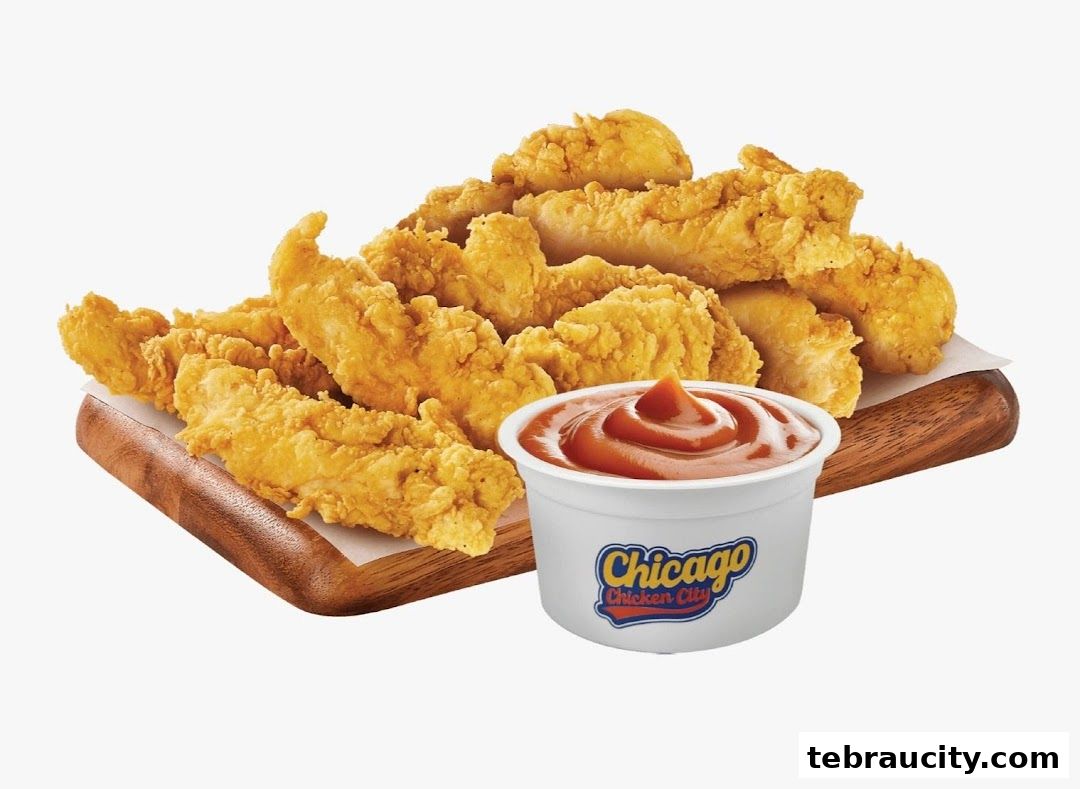 A pile of crispy fried chicken tenders served with a side of ketchup.