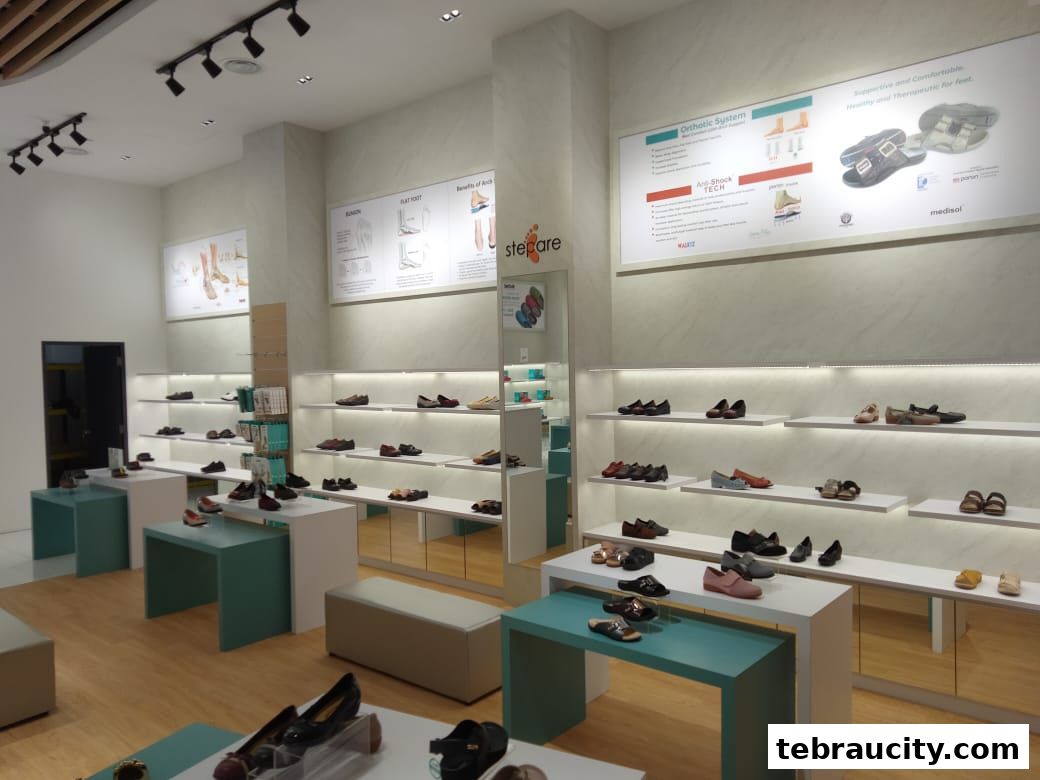 Interior view of a modern shoe store with shelves displaying various footwear and informative posters.