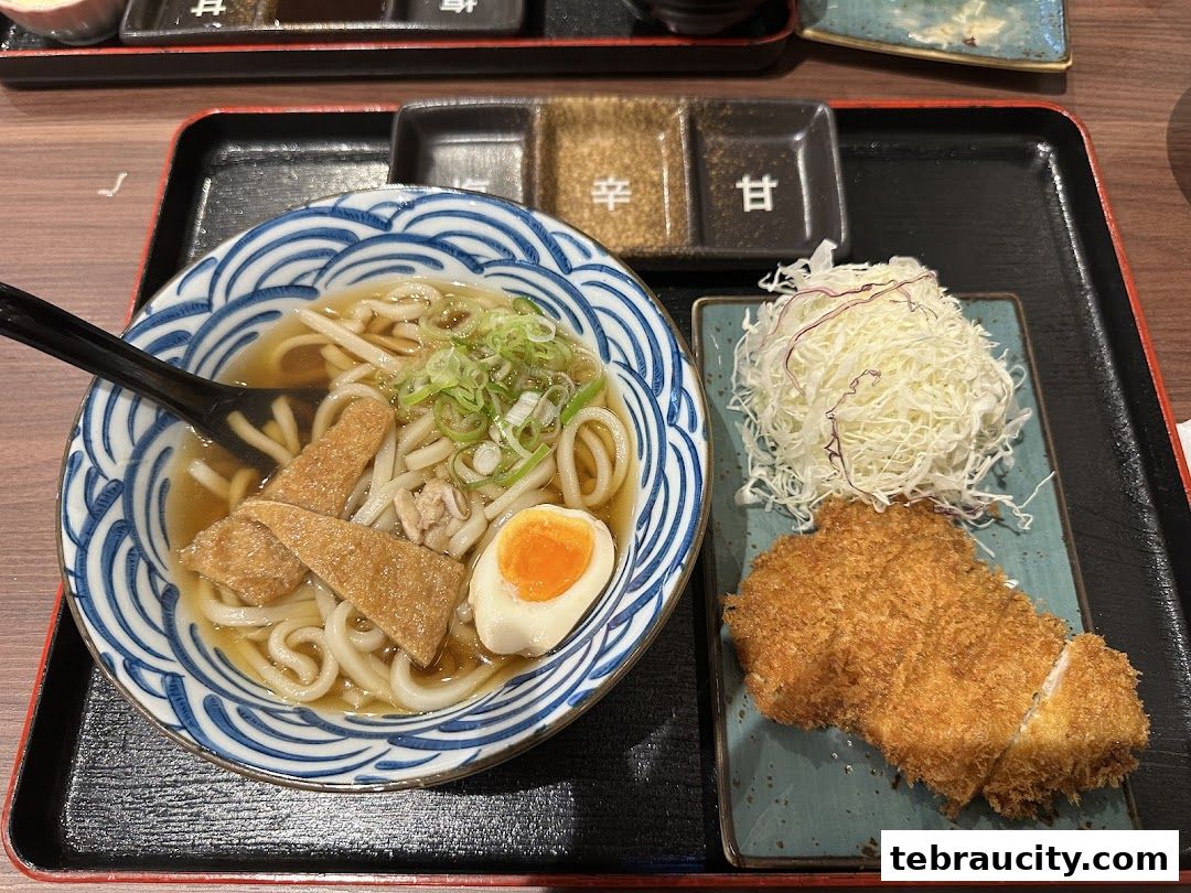 A delicious meal featuring udon noodles, a fried cutlet, and shredded cabbage.