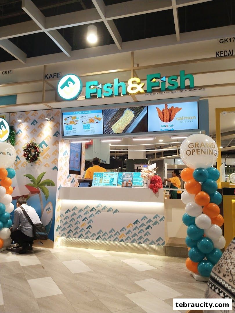The Fish & Fish shop front with a 'Grand Opening' balloon display and menu screens.