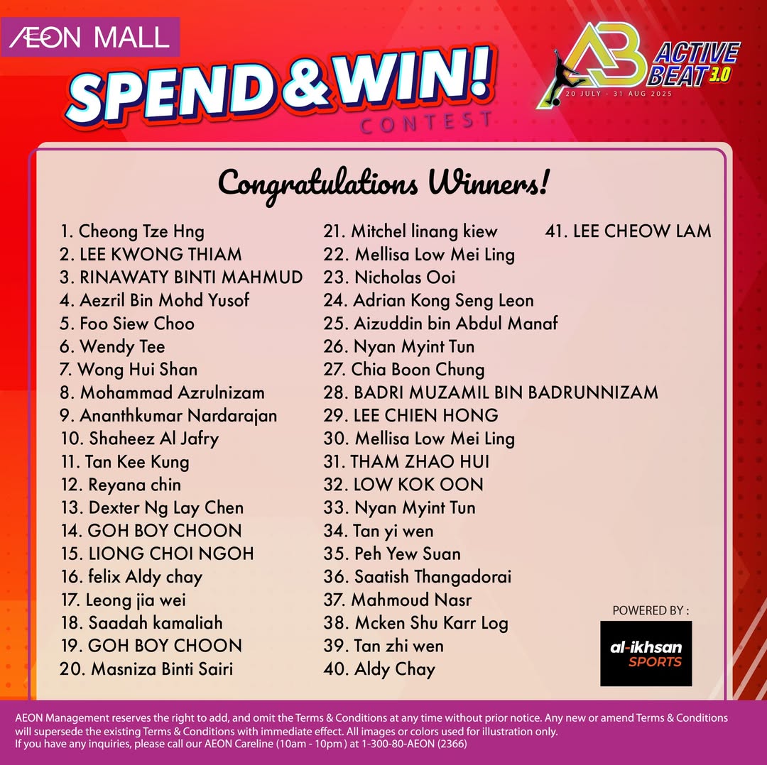 Winners celebrating their success in the AEON MALL Active Beat 3 Spend & Win Contest.