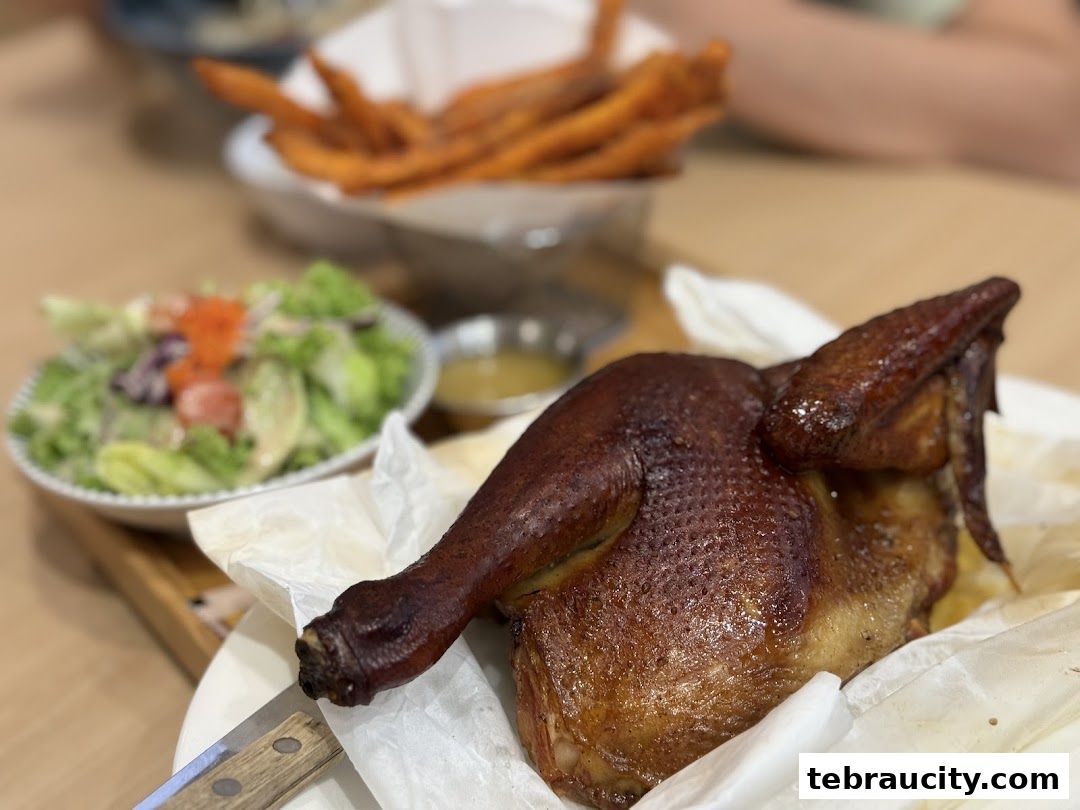 A close-up of a roasted chicken half with a side of salad and fries.