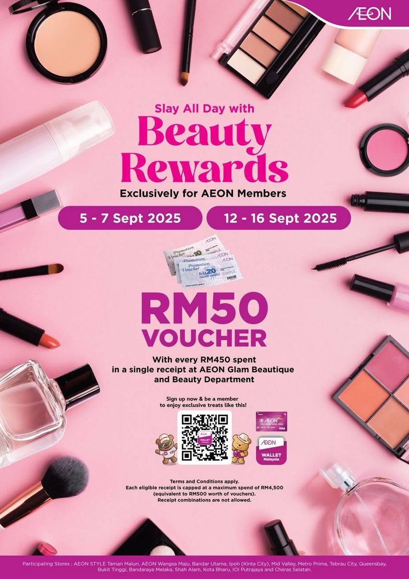 Aeon Beauty Rewards promotional image showcasing cosmetics and fragrances