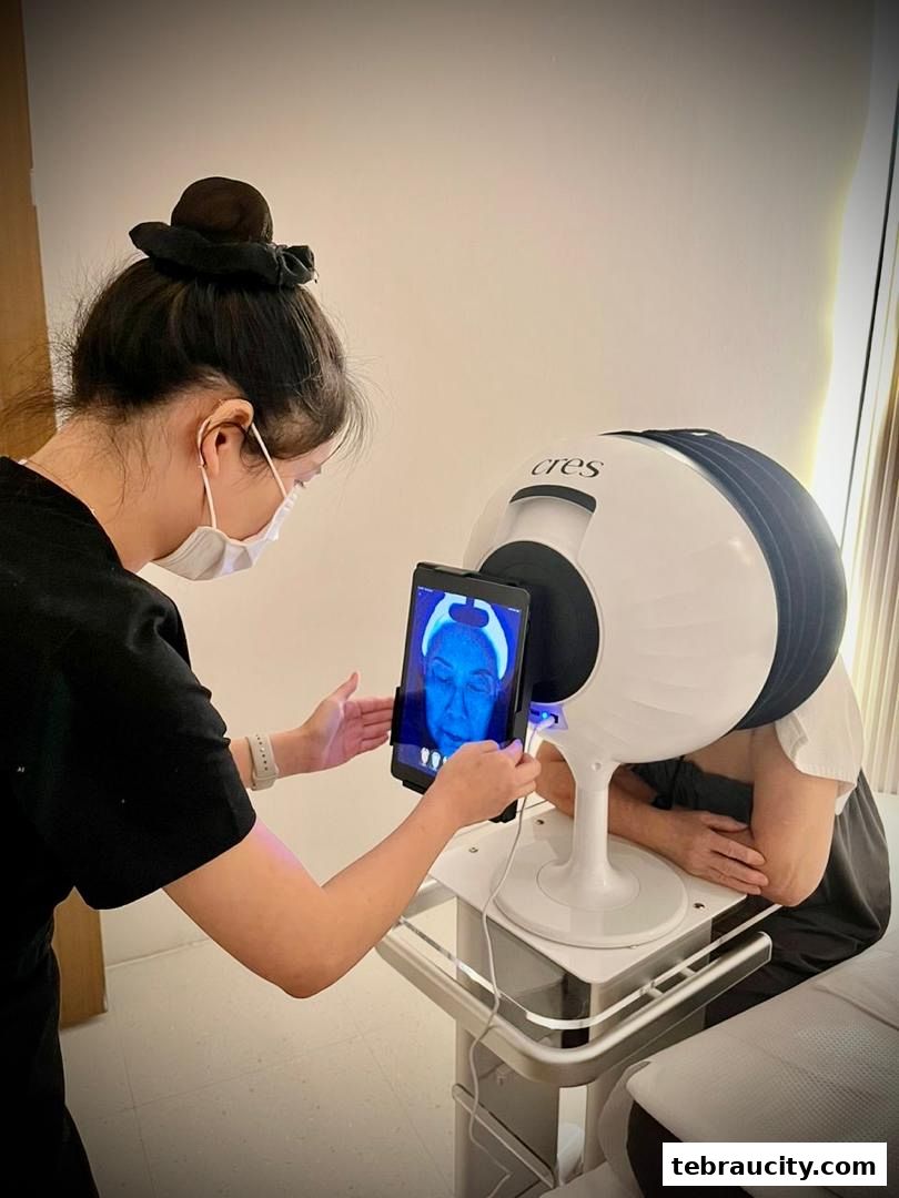 A skincare professional uses a diagnostic machine to analyze a client's facial skin.