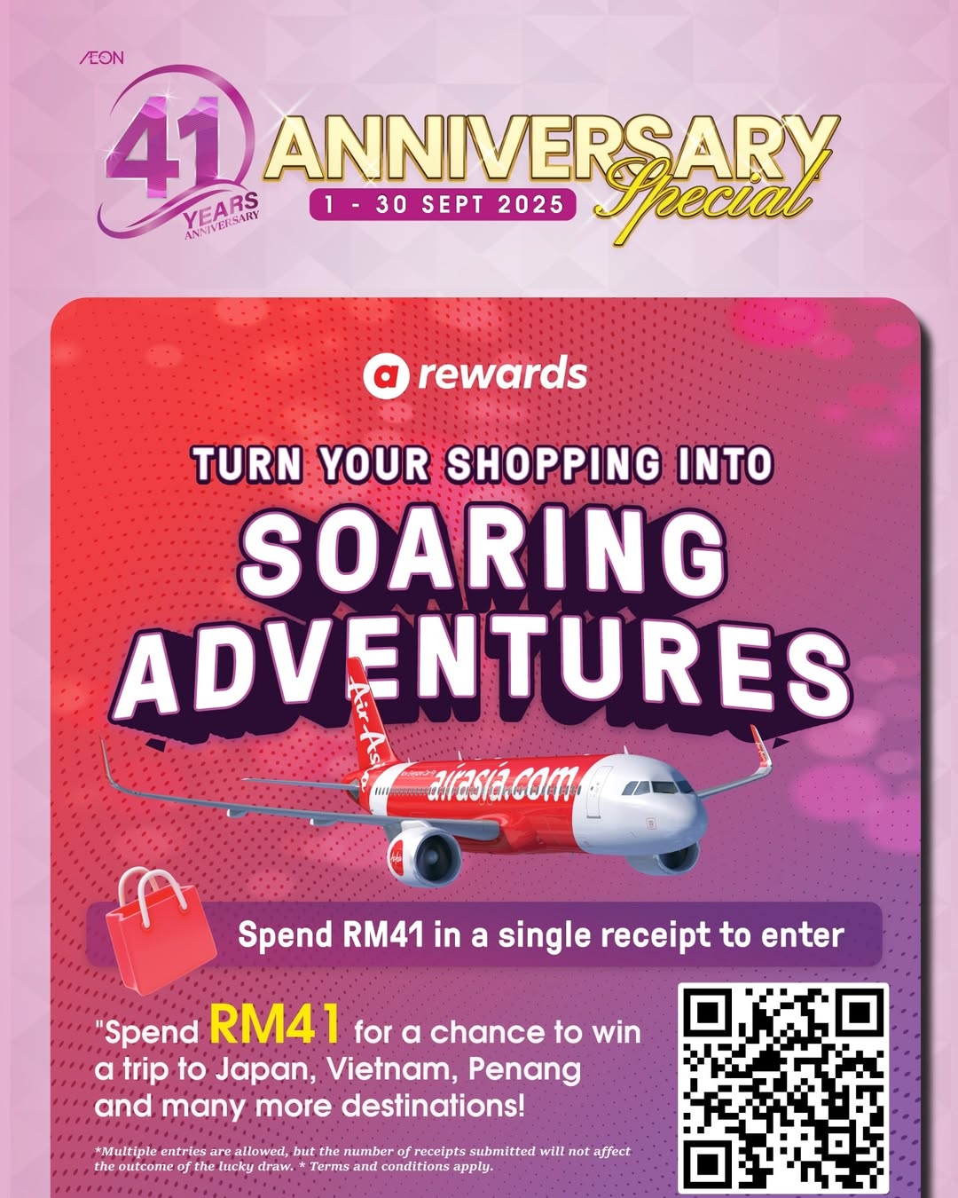 Shoppers celebrating AEON MALL's 41st anniversary with travel themed elements.