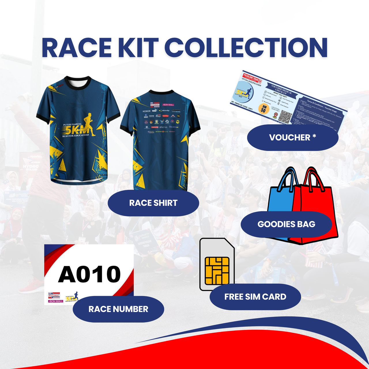 Runners collecting race kits at an event registration booth.