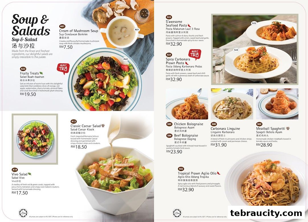 A menu page showcasing various soups, salads, and pasta dishes with appealing food photography.