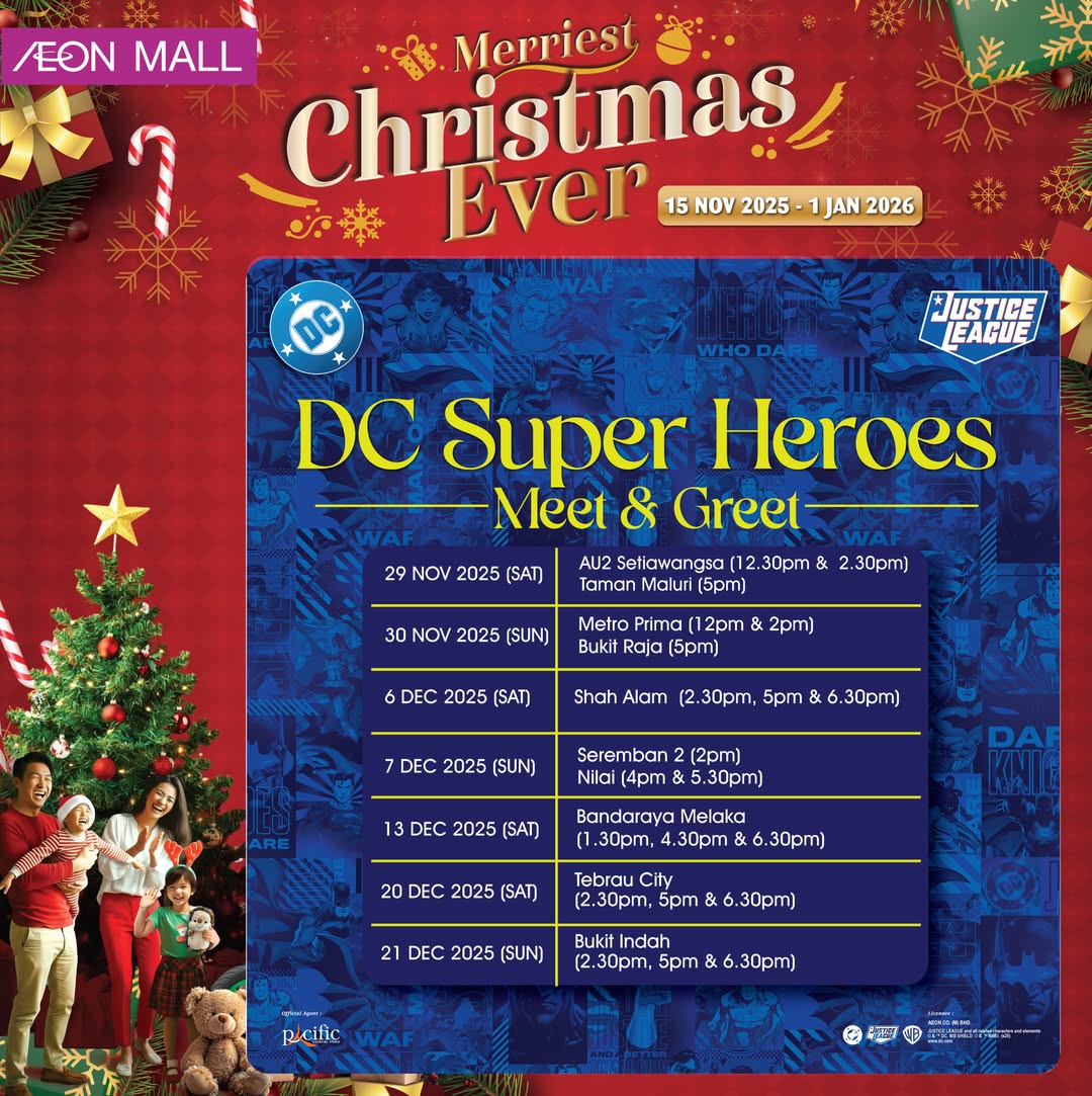 Promotional poster featuring Justice League heroes for AEON MALL's Christmas event