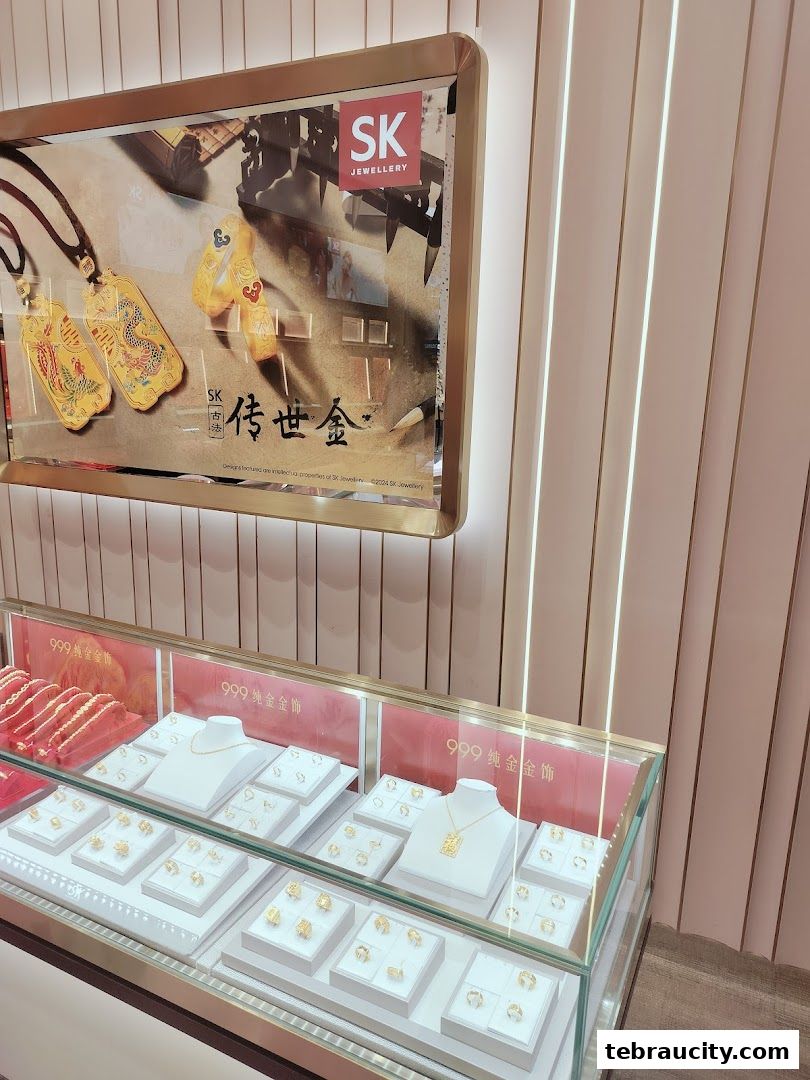 A display case filled with gold jewelry, including necklaces, rings, and pendants, from SK Jewellery.