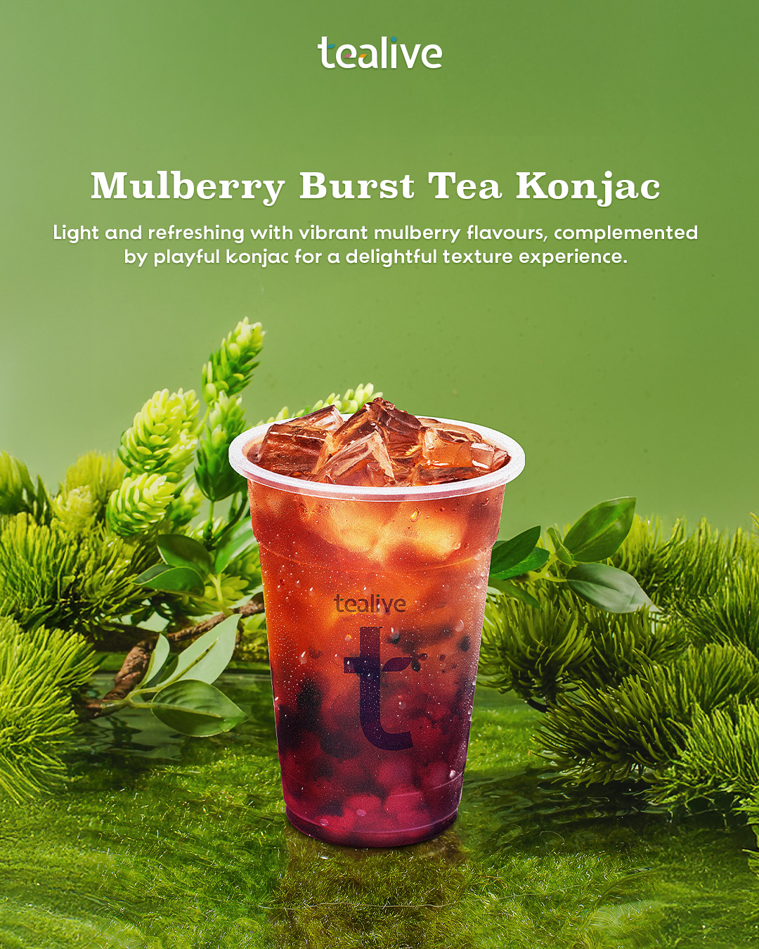 A refreshing glass of Mulberry Burst Tea with Konjac pearls