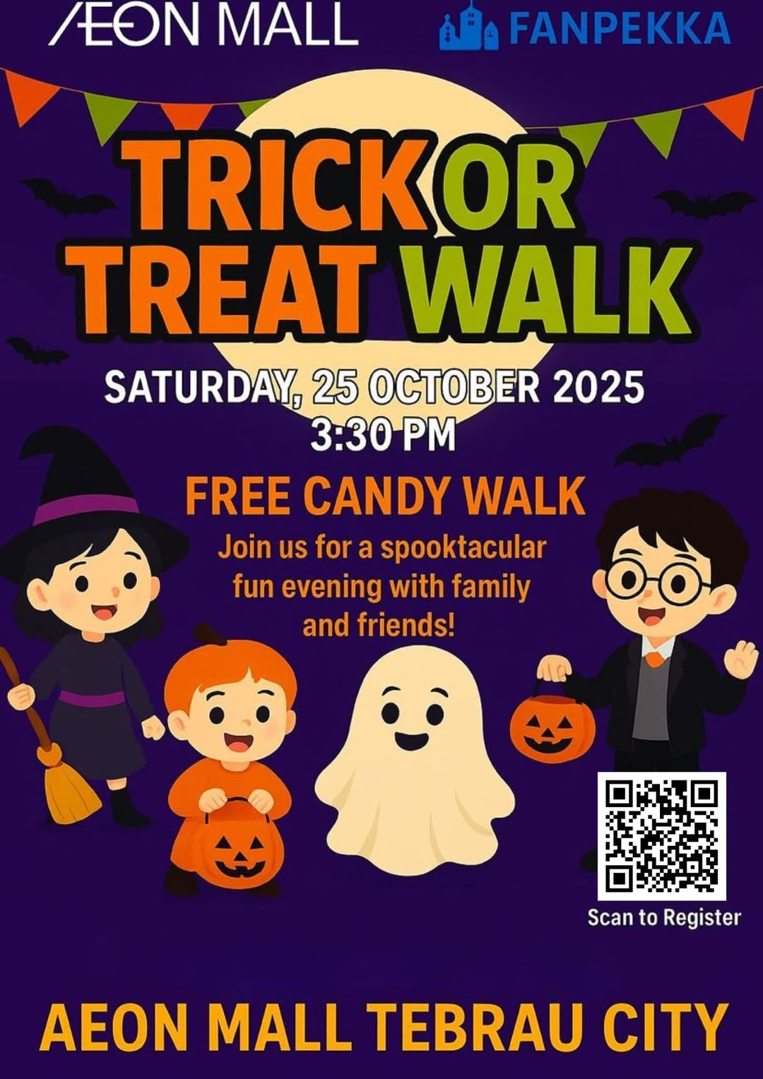 Excited children in various Halloween costumes participating in a trick-or-treat walk.