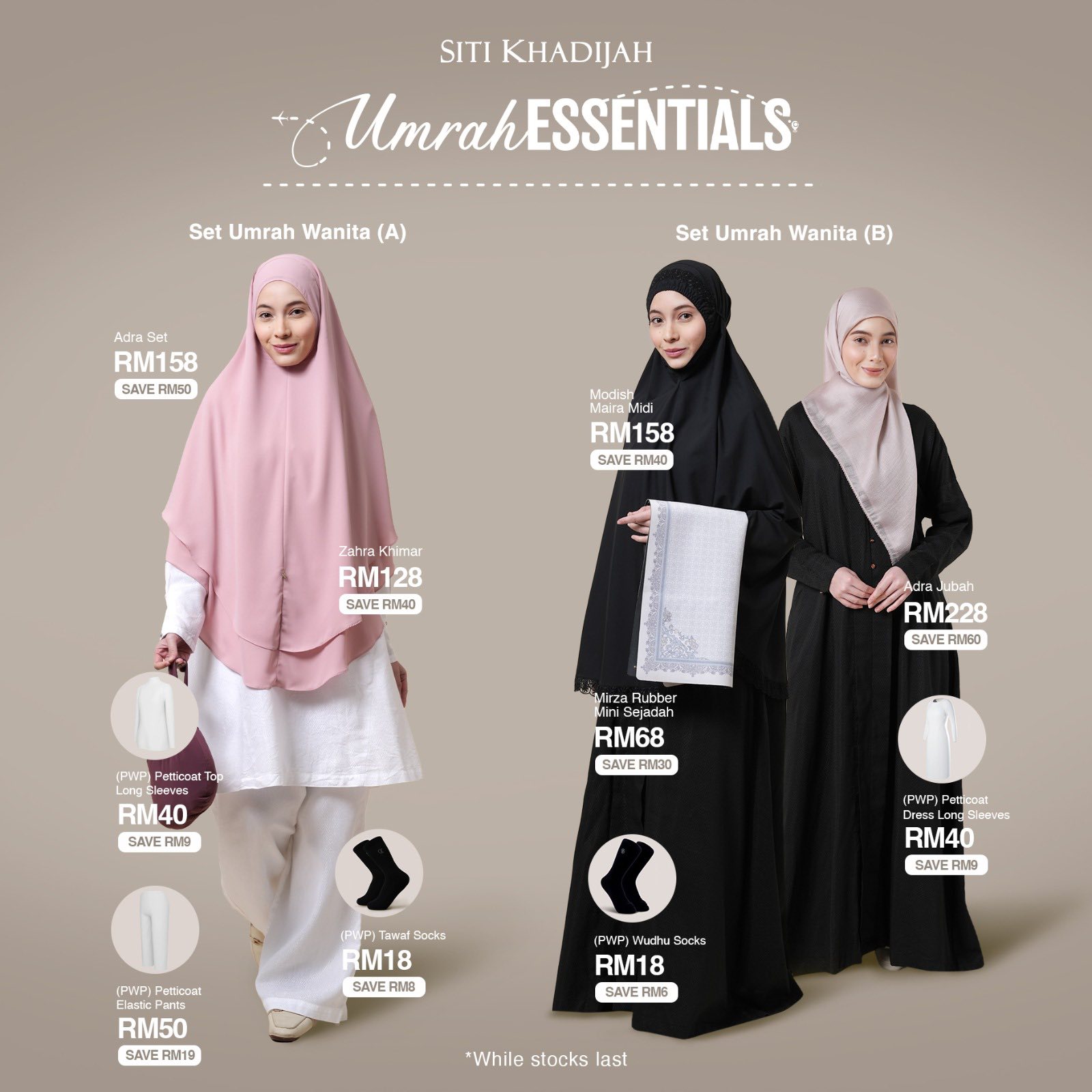 Siti Khadijah Umrah Essentials collection displayed