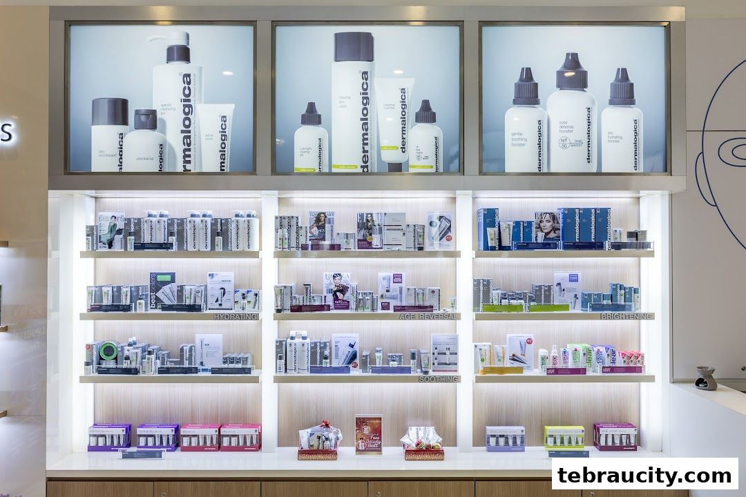 A well-lit display of Dermalogica skincare products organized by category.