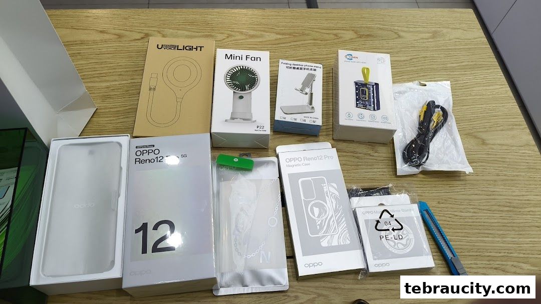 Various OPPO accessories and a smartphone are displayed on a wooden surface.