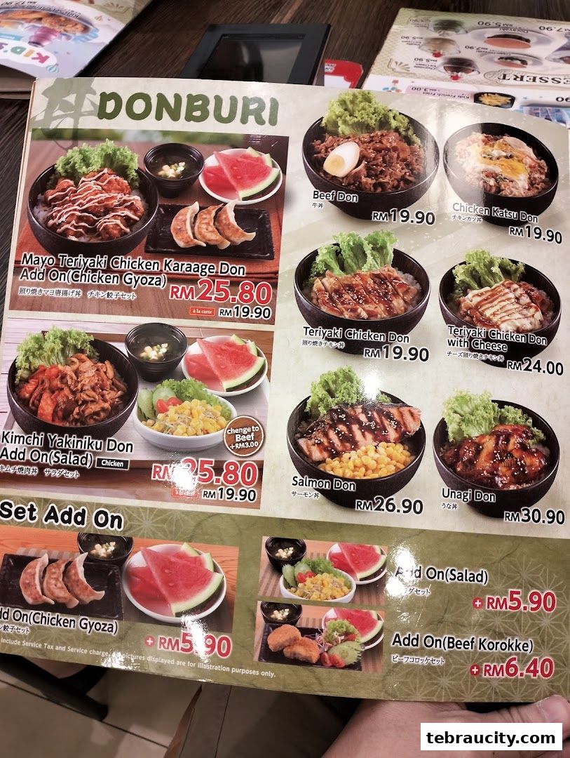 A menu featuring various Donburi dishes, including chicken and beef options, with prices and images.