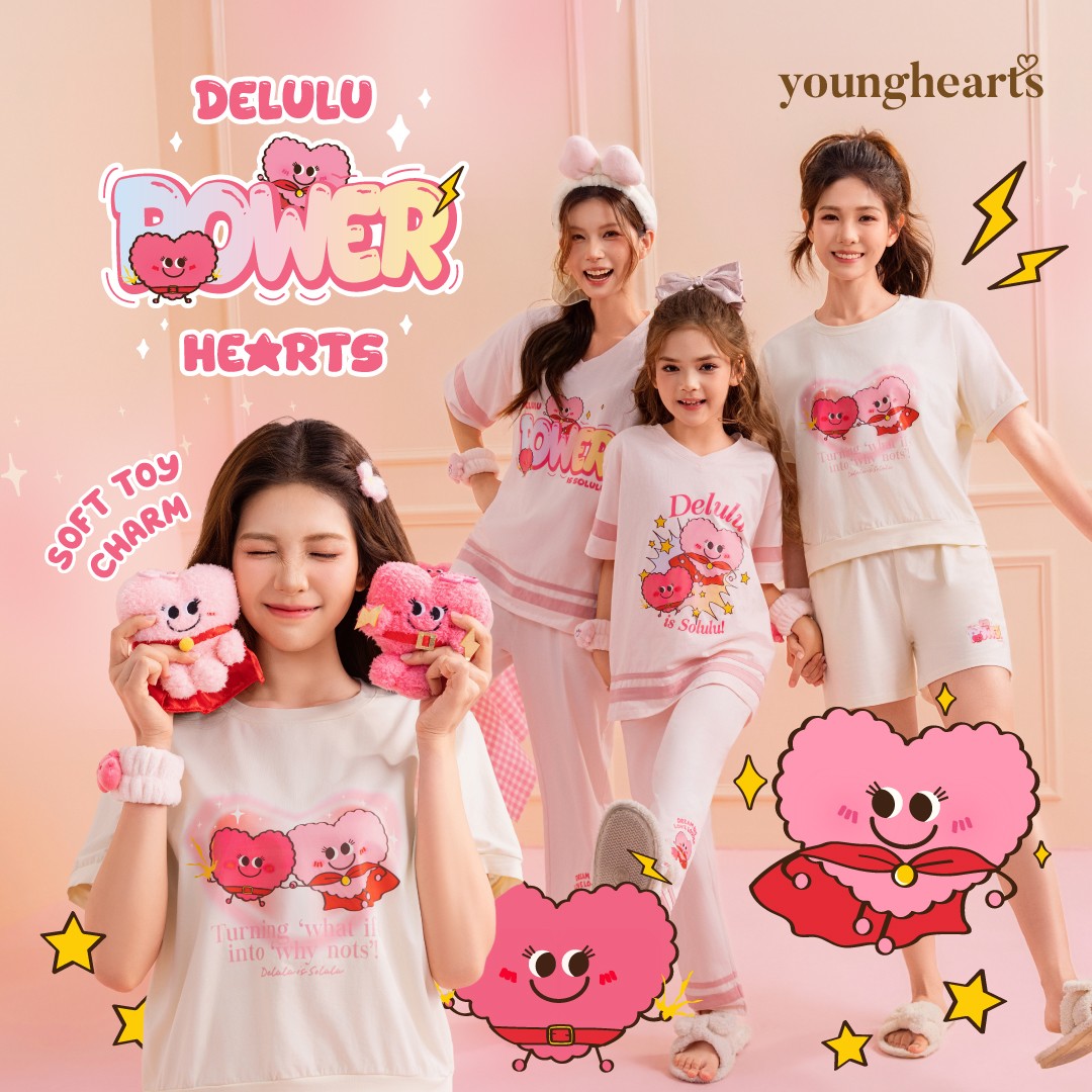 A showcase of the Yuki & Hattie Delulu Power Hearts sleepwear and accessories collection.