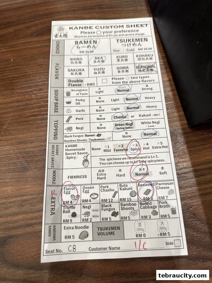 A custom ramen order sheet with various customization options and prices.