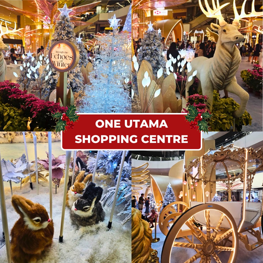 Sparkling Christmas lights and giant ornaments inside a KL shopping center