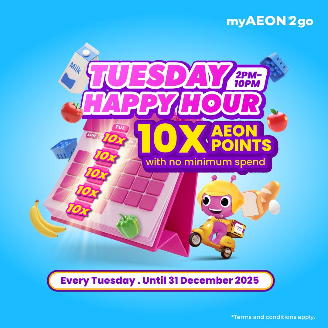 Promotional graphic highlighting 10x AEON points for online shopping on Tuesdays