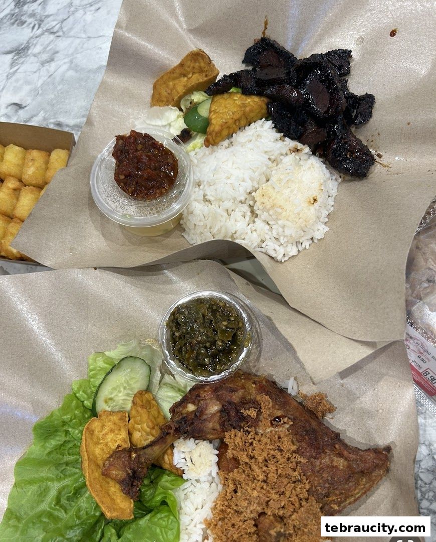 Two Indonesian rice dishes with fried chicken, beef, tofu, tempeh, and chili paste.