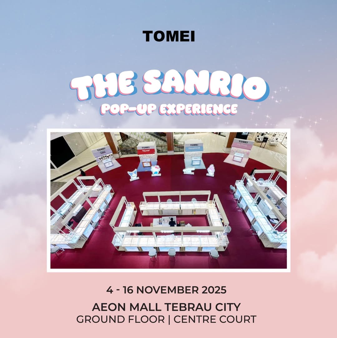 A whimsical display featuring Sanrio characters and sparkling jewellery from Tomei.